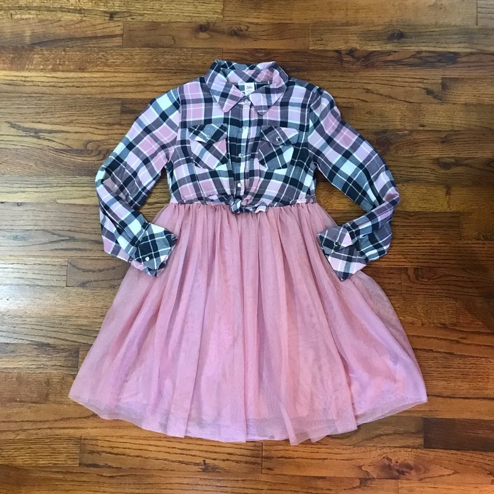 Girls Justice Pink / Black Plaid & Tulle Dress Size Medium 7 / 8 100% Polyester